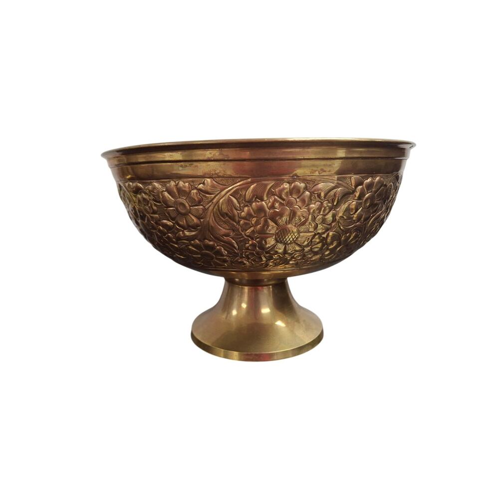 Vintage MCM Brass Bowl Floral Design Made In India